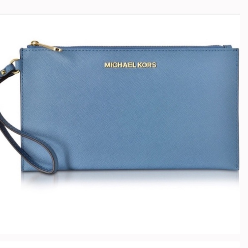 Michael Kors Adele Blue Smartphone Wallet Wristlet with Gold Accents